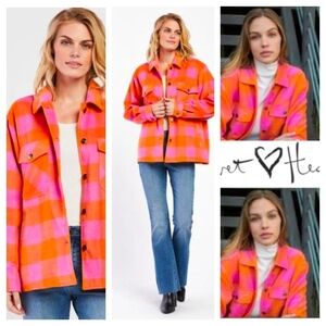 Velvet Heart Orange Pink Plaid Flannel Shacket Size Large